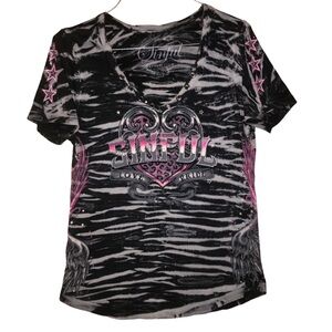 Sinful by Affliction love Pride Tye dye studded v neck angle wings Med vintage